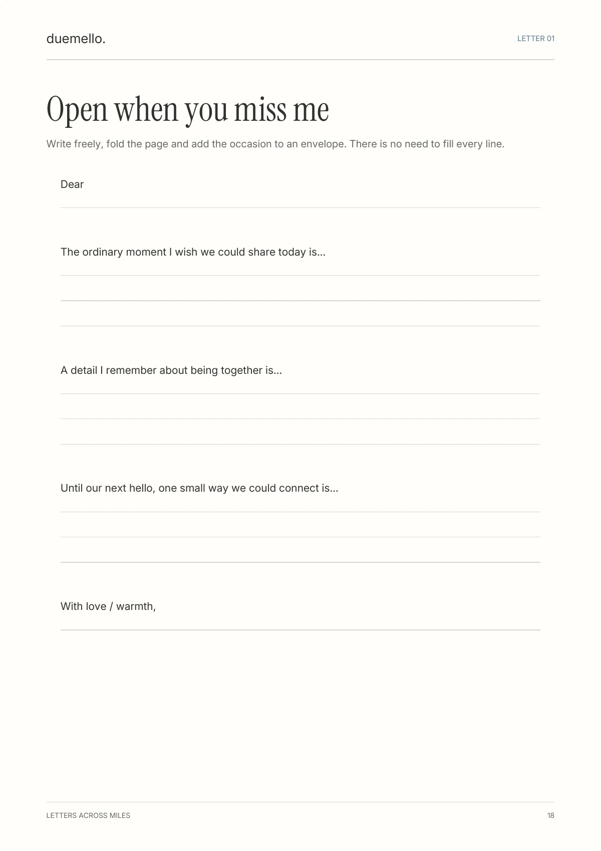 A real writing page from Letters Across Miles